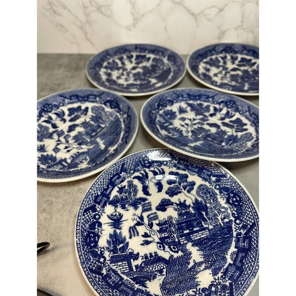 5 Vintage Blue Willow Replacement Saucer Plates 5 3/4 Oriental Birds Japan Blue - Picture 5 of 10